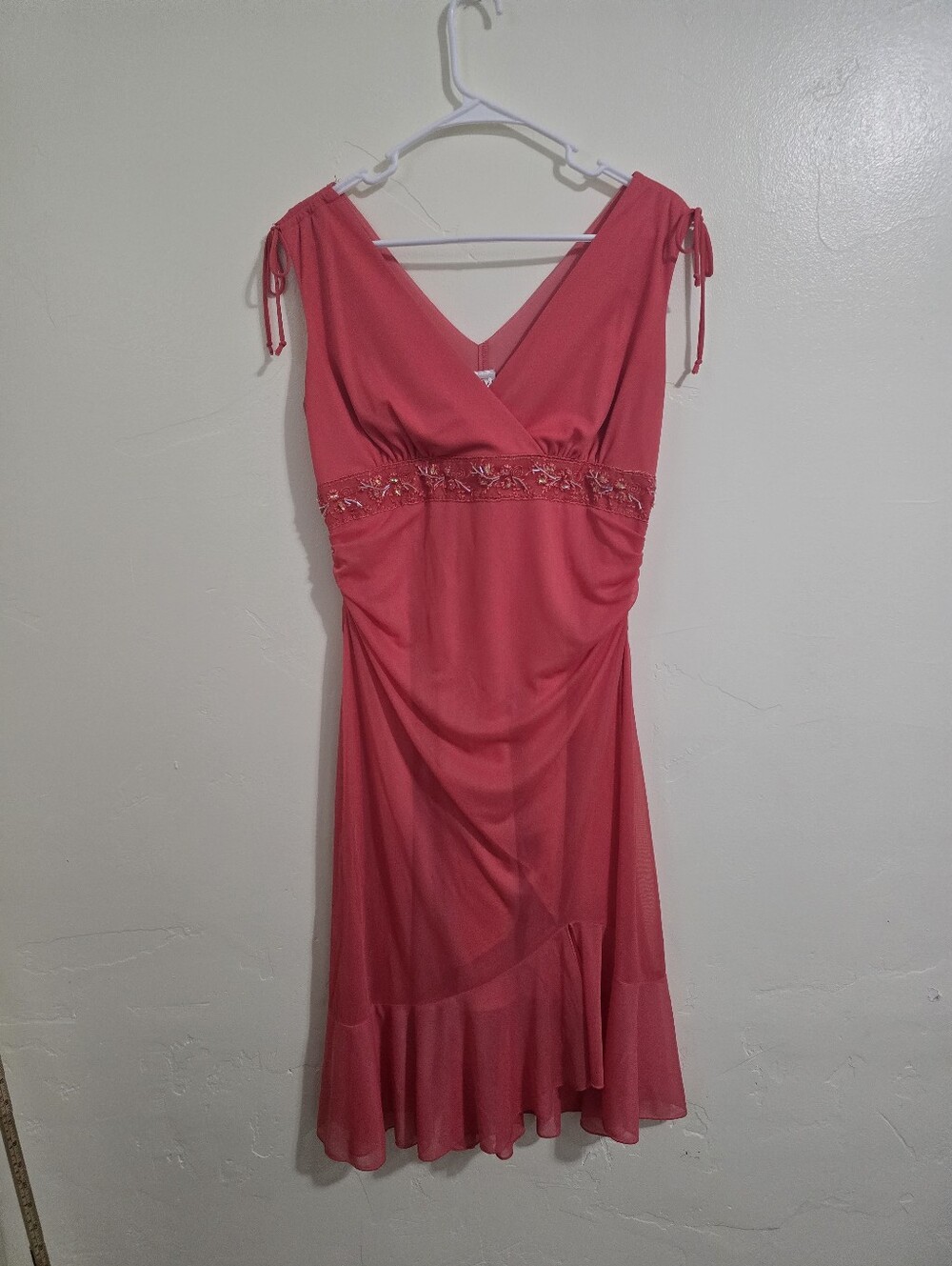 Studio Y Y2k Hot Pink Empire Waist Beaded V Neck Ruffle Midi Dress Formal